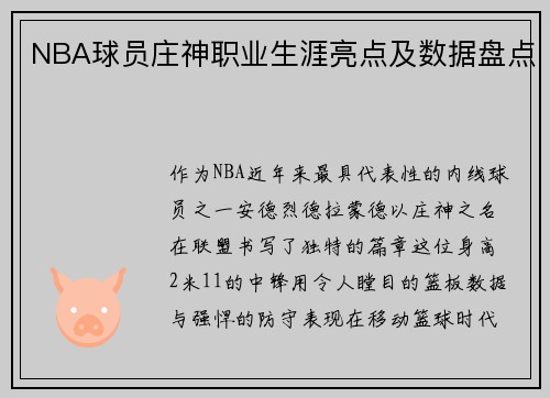 NBA球员庄神职业生涯亮点及数据盘点